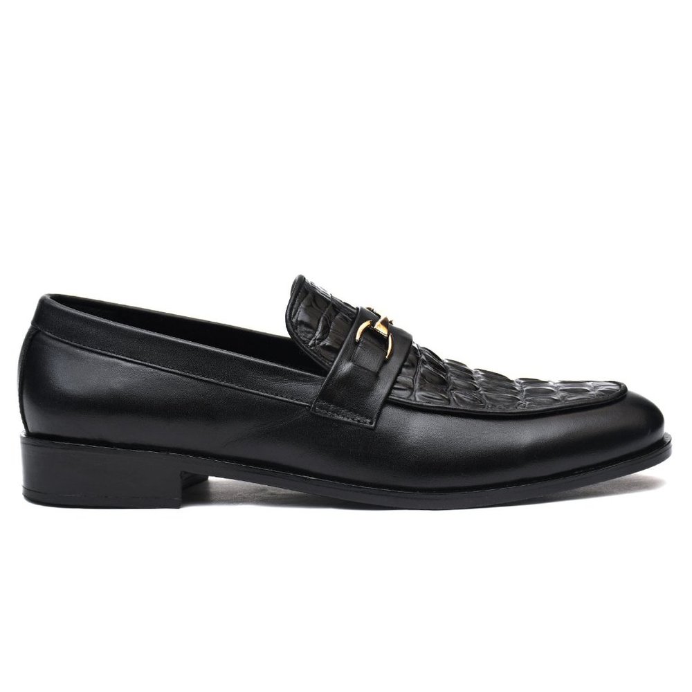 Bashwood Handmade Black Embossed Leather Croc. Style Loafers